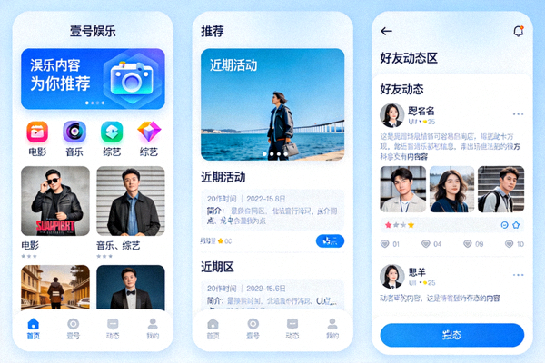 壹号娱乐个性化用户仪表盘界面展示 - 显示根据用户喜好定制的娱乐内容推荐卡片、近期活动与好友动态