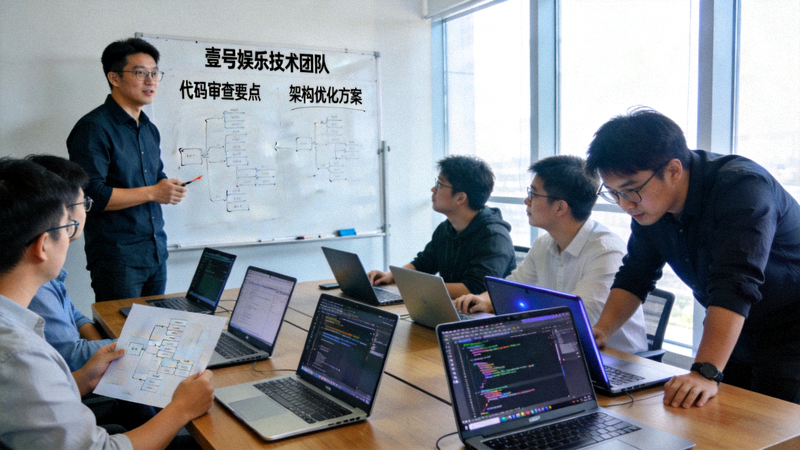 壹号娱乐技术团队进行代码审查与架构讨论的工作场景